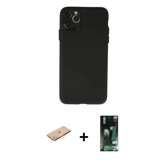 MARSİLYAN™- iPhone 11 Pro Max Kılıf Atlas Minimal Prime - Siyah 360 Mat Full Body Arka Koruyucu + Renkli Kamera Lens Koruma Cam - TU