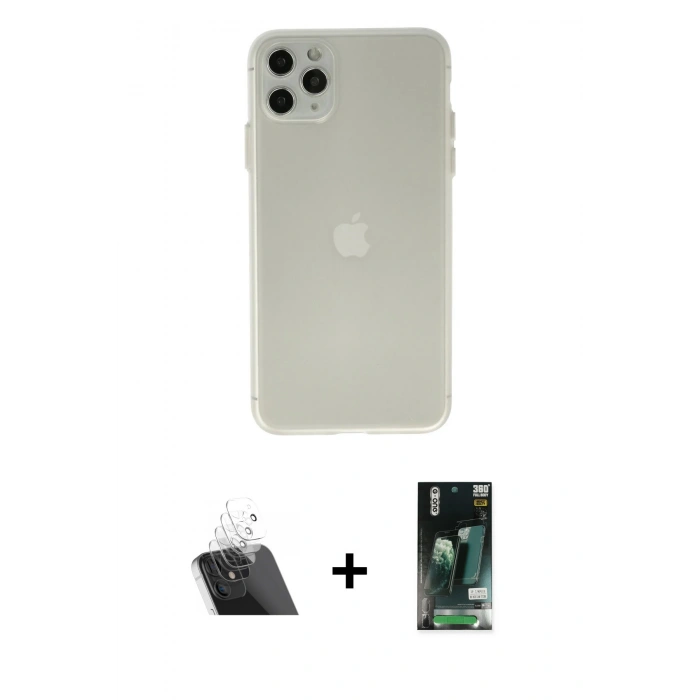 MARSİLYAN™- iPhone 11 Pro Max Kılıf Atlas Minimal Prime - Siyah 360 Mat Full Body Arka Koruyucu + Kamera Lens Koruma Cam - SF
