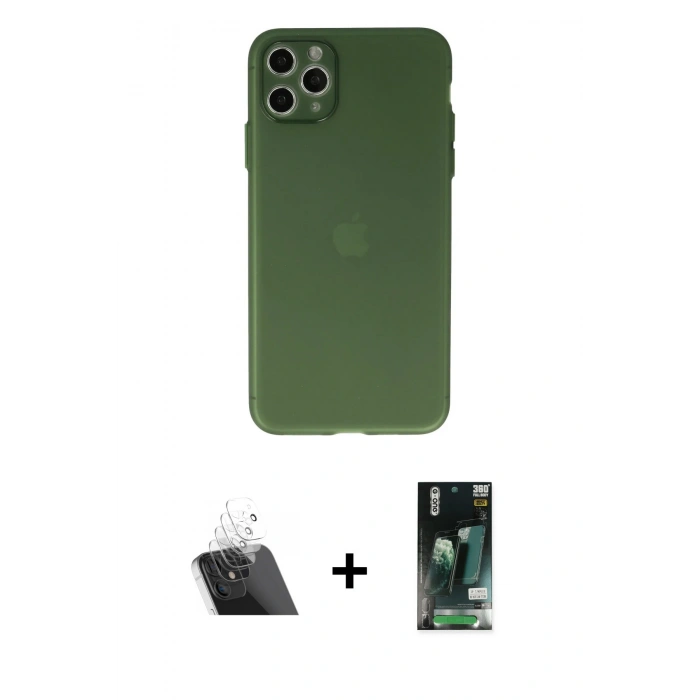 MARSİLYAN™- iPhone 11 Pro Max Kılıf Atlas Minimal Prime - Siyah 360 Mat Full Body Arka Koruyucu + Kamera Lens Koruma Cam - SF