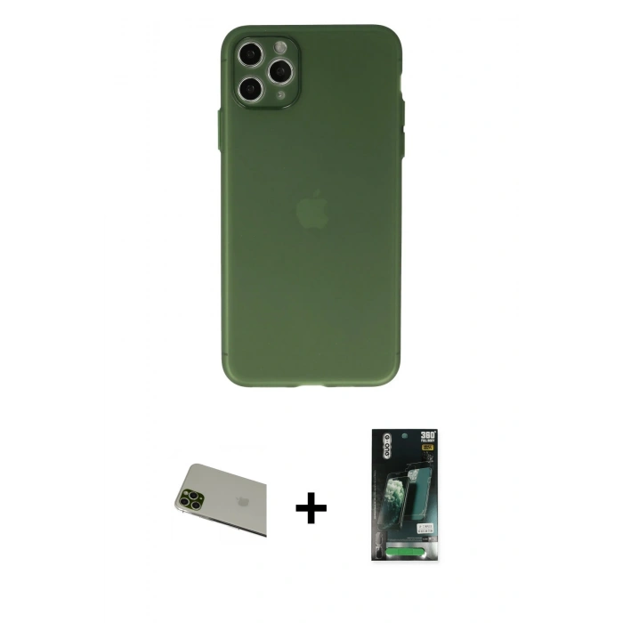MARSİLYAN™- iPhone 11 Pro Max Kılıf Atlas Minimal Prime - Siyah 360 Mat Full Body Arka Koruyucu + Yeşil Rainbow Kamera Lens Koruma Cam