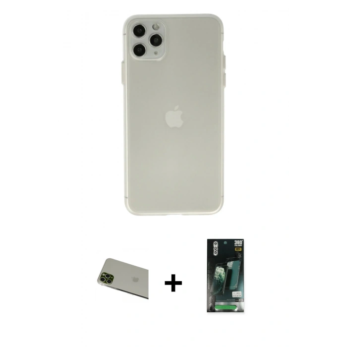 MARSİLYAN™- iPhone 11 Pro Max Kılıf Atlas Minimal Prime - Siyah 360 Mat Full Body Arka Koruyucu + Yeşil Rainbow Kamera Lens Koruma Cam