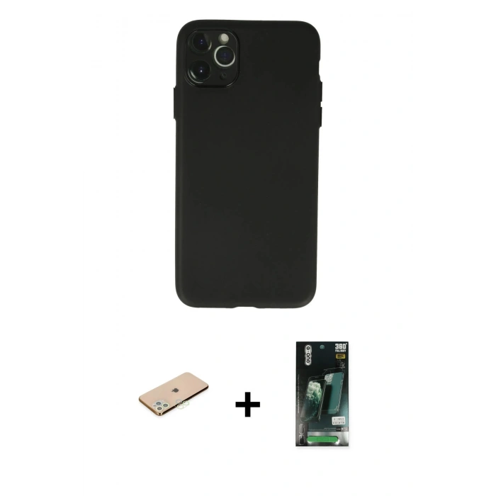 MARSİLYAN™- iPhone 11 Pro Max Kılıf Atlas Minimal Prime - Siyah 360 Mat Full Body Arka Koruyucu + Renkli Kamera Lens Koruma Cam - YL