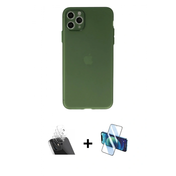 MARSİLYAN™- iPhone 11 Pro Max Kılıf Atlas Minimal Prime - Siyah 3D Antistatik Cam Ekran Koruyucu + Kamera Lens Koruma Cam - SF