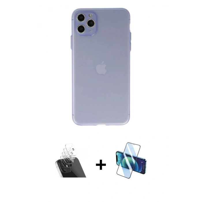 MARSİLYAN™- iPhone 11 Pro Max Kılıf Atlas Minimal Prime - Siyah 3D Antistatik Cam Ekran Koruyucu + Kamera Lens Koruma Cam - SF
