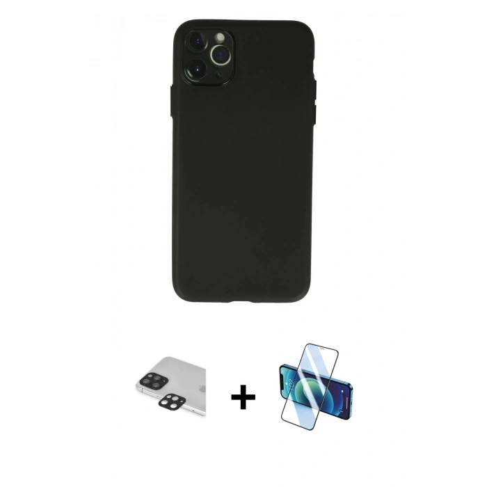 MARSİLYAN™- iPhone 11 Pro Max Kılıf Atlas Minimal Prime - Siyah 3D Antistatik Cam Ekran Koruyucu + Pers Alüminyum Kamera Lens - SH