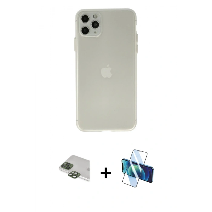 MARSİLYAN™- iPhone 11 Pro Max Kılıf Atlas Minimal Prime - Siyah 3D Antistatik Cam Ekran Koruyucu + Pers Alüminyum Kamera Lens - YL