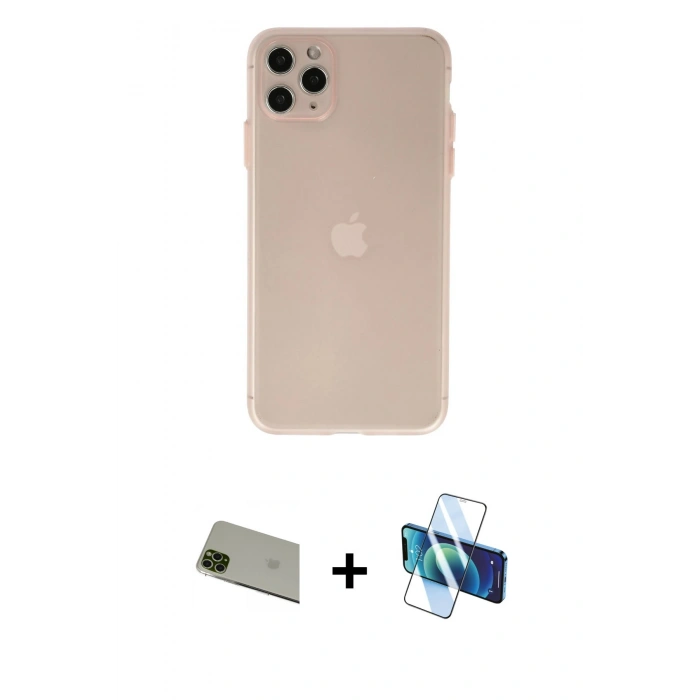 MARSİLYAN™- iPhone 11 Pro Max Kılıf Atlas Minimal Prime - Siyah 3D Antistatik Cam Ekran Koruyucu + Rainbow Kamera Lens Koruma Cam - YL