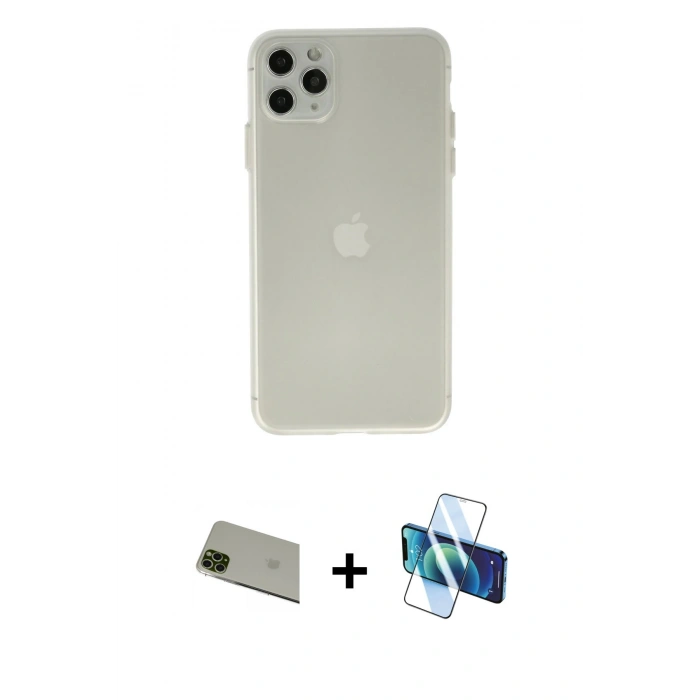 MARSİLYAN™- iPhone 11 Pro Max Kılıf Atlas Minimal Prime - Siyah 3D Antistatik Cam Ekran Koruyucu + Rainbow Kamera Lens Koruma Cam - YL