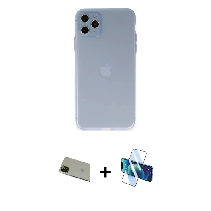 MARSİLYAN™- iPhone 11 Pro Max Kılıf Atlas Minimal Prime - Siyah 3D Antistatik Cam Ekran Koruyucu + Rainbow Kamera Lens Koruma Cam - YL