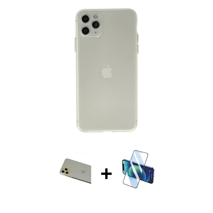 MARSİLYAN™- iPhone 11 Pro Max Kılıf Atlas Minimal Prime - Siyah 3D Antistatik Cam Ekran Koruyucu + Rainbow Kamera Lens Koruma Cam - GD