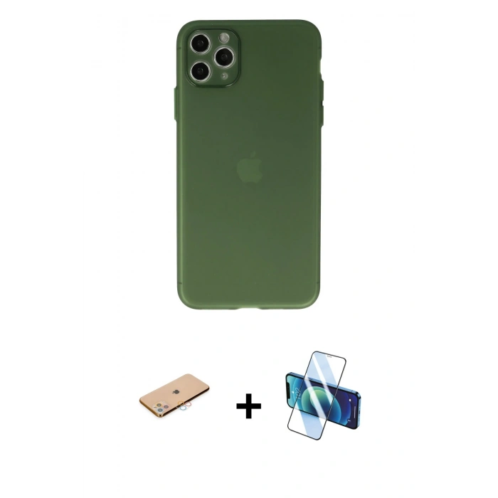 MARSİLYAN™- iPhone 11 Pro Max Kılıf Atlas Minimal Prime - Siyah 3D Antistatik Cam Ekran Koruyucu + Renkli Kamera Lens Koruma Cam - PE