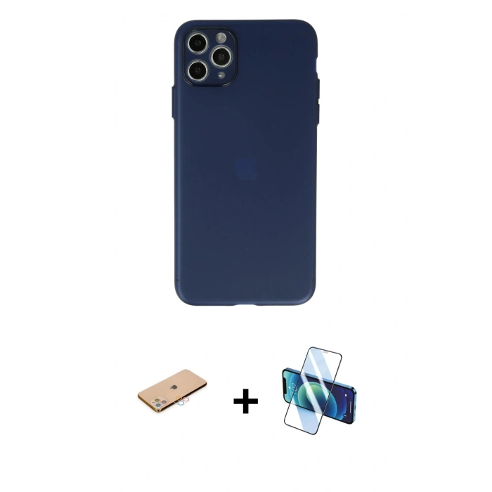 MARSİLYAN™- iPhone 11 Pro Max Kılıf Atlas Minimal Prime - Siyah 3D Antistatik Cam Ekran Koruyucu + Renkli Kamera Lens Koruma Cam - PE