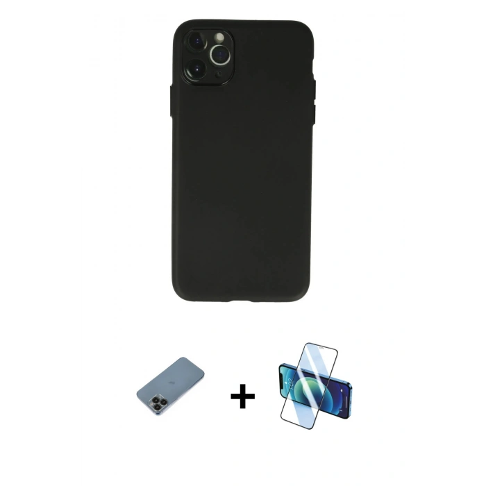 MARSİLYAN™- iPhone 11 Pro Max Kılıf Atlas Minimal Prime - Siyah 3D Antistatik Cam Ekran Koruyucu + Shine Kamera Lens Koruma Cam - SH