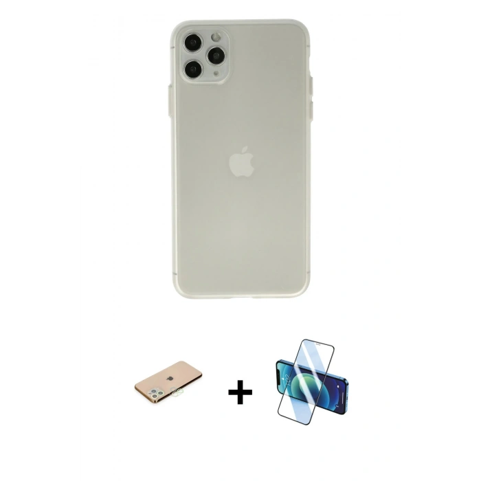 MARSİLYAN™- iPhone 11 Pro Max Kılıf Atlas Minimal Prime - Siyah 3D Antistatik Cam Ekran Koruyucu + Renkli Kamera Lens Koruma Cam - YL