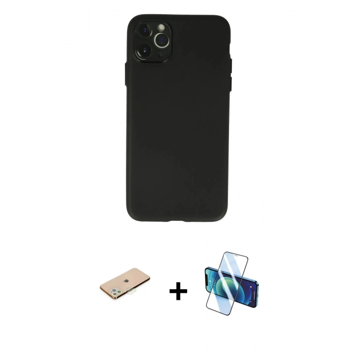 MARSİLYAN™- iPhone 11 Pro Max Kılıf Atlas Minimal Prime - Siyah 3D Antistatik Cam Ekran Koruyucu + Renkli Kamera Lens Koruma Cam - YL