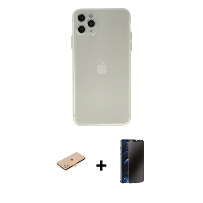 MARSİLYAN™- iPhone 11 Pro Max Kılıf Atlas Minimal Prime - Siyah 3D Antistatik Hayalet Cam Ekran Koruyucu + Renkli Kamera Lens Koruma Cam - TU