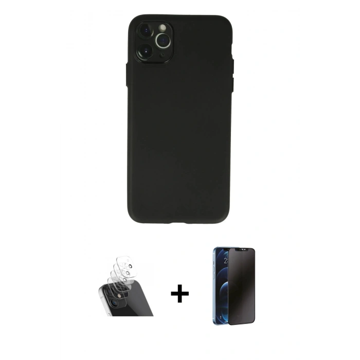 MARSİLYAN™- iPhone 11 Pro Max Kılıf Atlas Minimal Prime - Siyah 3D Antistatik Hayalet Cam Ekran Koruyucu + Kamera Lens Koruma Cam - SF