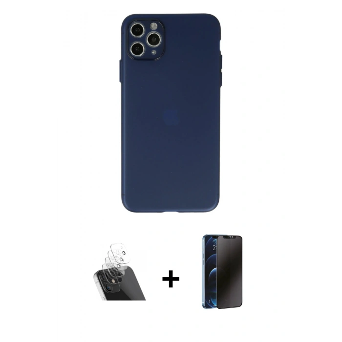 MARSİLYAN™- iPhone 11 Pro Max Kılıf Atlas Minimal Prime - Siyah 3D Antistatik Hayalet Cam Ekran Koruyucu + Kamera Lens Koruma Cam - SF
