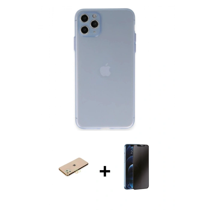 MARSİLYAN™- iPhone 11 Pro Max Kılıf Atlas Minimal Prime - Siyah 3D Antistatik Hayalet Cam Ekran Koruyucu + Renkli Kamera Lens Koruma Cam - SI