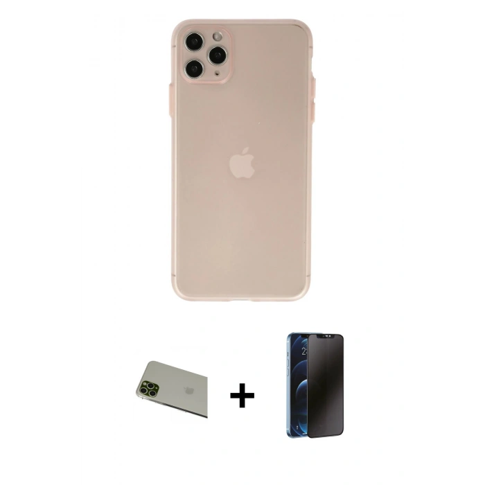 MARSİLYAN™- iPhone 11 Pro Max Kılıf Atlas Minimal Prime - Siyah 3D Antistatik Hayalet Cam Ekran Koruyucu + Rainbow Kamera Lens Koruma Cam - YL