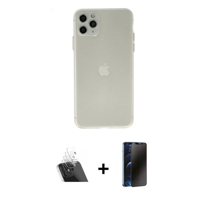 MARSİLYAN™- iPhone 11 Pro Max Kılıf Atlas Minimal Prime - Siyah 3D Antistatik Hayalet Cam Ekran Koruyucu + Kamera Lens Koruma Cam - SF