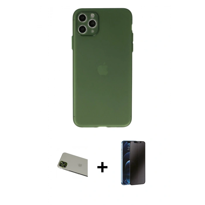 MARSİLYAN™- iPhone 11 Pro Max Kılıf Atlas Minimal Prime - Siyah 3D Antistatik Hayalet Cam Ekran Koruyucu + Rainbow Kamera Lens Koruma Cam - YL