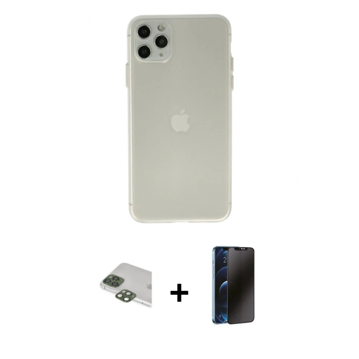 MARSİLYAN™- iPhone 11 Pro Max Kılıf Atlas Minimal Prime - Siyah 3D Antistatik Hayalet Cam Ekran Koruyucu + Pers Alüminyum Kamera Lens - YL