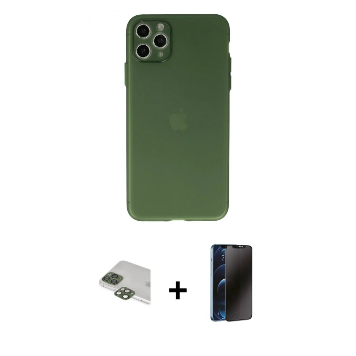 MARSİLYAN™- iPhone 11 Pro Max Kılıf Atlas Minimal Prime - Siyah 3D Antistatik Hayalet Cam Ekran Koruyucu + Pers Alüminyum Kamera Lens - YL