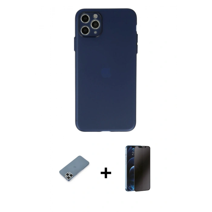 MARSİLYAN™- iPhone 11 Pro Max Kılıf Atlas Minimal Prime - Siyah 3D Antistatik Hayalet Cam Ekran Koruyucu + Metal Kamera Lens Koruma Cam - GS