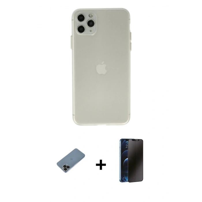 MARSİLYAN™- iPhone 11 Pro Max Kılıf Atlas Minimal Prime - Siyah 3D Antistatik Hayalet Cam Ekran Koruyucu + Shine Kamera Lens Koruma Cam - SH