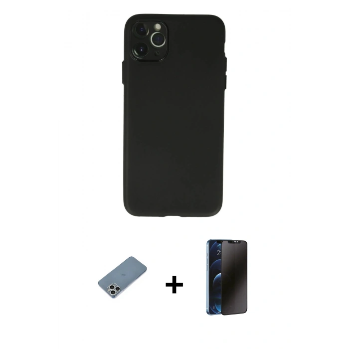 MARSİLYAN™- iPhone 11 Pro Max Kılıf Atlas Minimal Prime - Siyah 3D Antistatik Hayalet Cam Ekran Koruyucu + Shine Kamera Lens Koruma Cam - GS