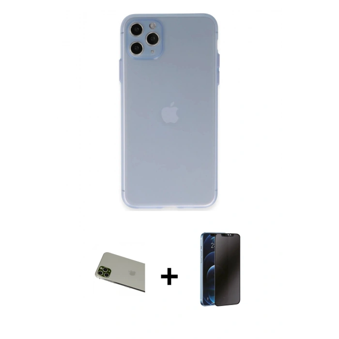MARSİLYAN™- iPhone 11 Pro Max Kılıf Atlas Minimal Prime - Siyah 3D Antistatik Hayalet Cam Ekran Koruyucu + Rainbow Kamera Lens Koruma Cam - YL