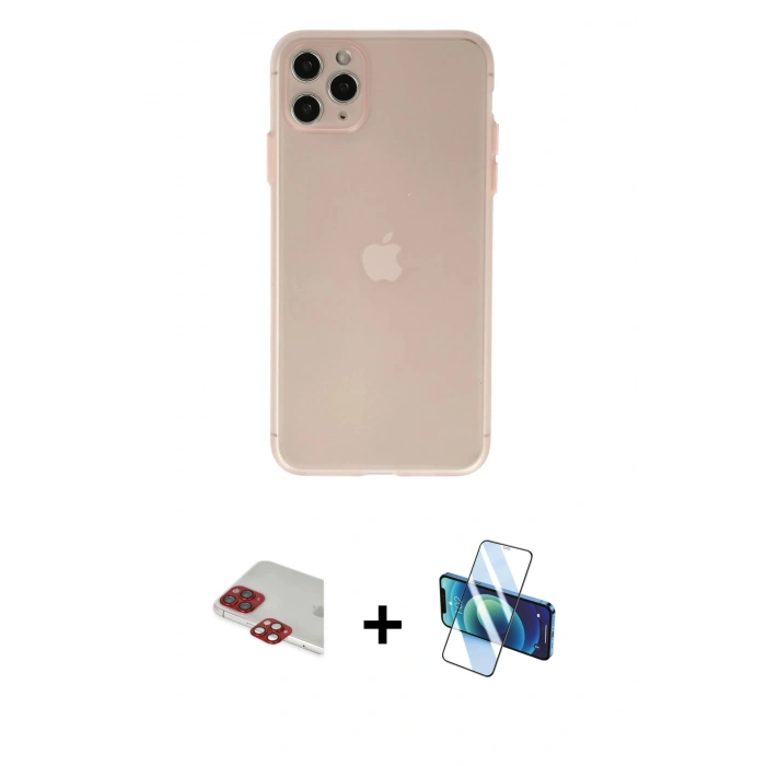 MARSİLYAN™- iPhone 11 Pro Max Kılıf Atlas Minimal Prime - Siyah 3D Antistatik Seramik Nano Ekran Koruyucu + Kırmızı Pers Alüminyum Kamera Lens