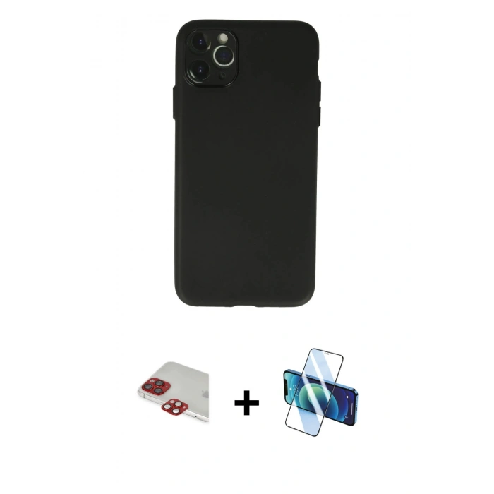 MARSİLYAN™- iPhone 11 Pro Max Kılıf Atlas Minimal Prime - Siyah 3D Antistatik Seramik Nano Ekran Koruyucu + Kırmızı Pers Alüminyum Kamera Lens