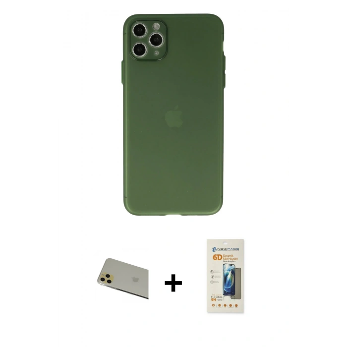 MARSİLYAN™- iPhone 11 Pro Max Kılıf Atlas Minimal Prime - Siyah 6D Mat Seramik Hayalet Nano Ekran Koruyucu + Rainbow Kamera Lens Koruma Cam - GD