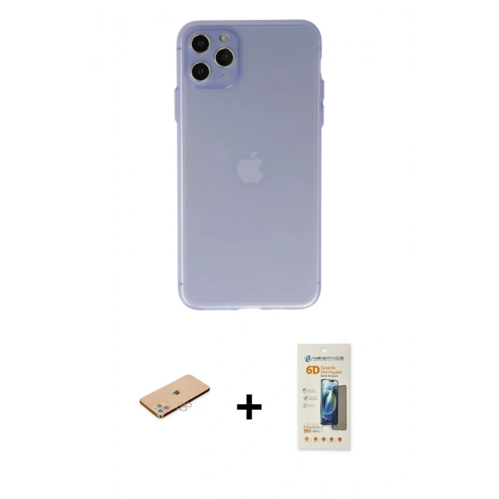 MARSİLYAN™- iPhone 11 Pro Max Kılıf Atlas Minimal Prime - Siyah 6D Mat Seramik Hayalet Nano Ekran Koruyucu + Pembe Renkli Kamera Lens Koruma Cam