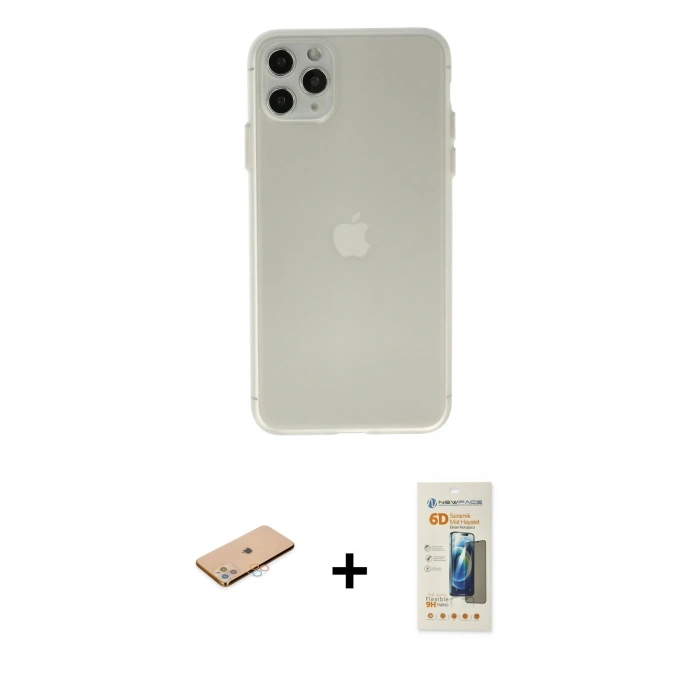 MARSİLYAN™- iPhone 11 Pro Max Kılıf Atlas Minimal Prime - Siyah 6D Mat Seramik Hayalet Nano Ekran Koruyucu + Pembe Renkli Kamera Lens Koruma Cam