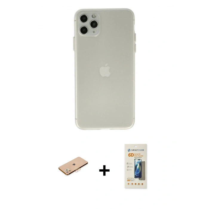 MARSİLYAN™- iPhone 11 Pro Max Kılıf Atlas Minimal Prime - Siyah 6D Mat Seramik Hayalet Nano Ekran Koruyucu + Renkli Kamera Lens Koruma Cam - TU