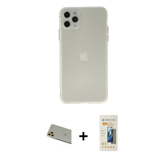 MARSİLYAN™- iPhone 11 Pro Max Kılıf Atlas Minimal Prime - Siyah 6D Mat Seramik Hayalet Nano Ekran Koruyucu + Rainbow Kamera Lens Koruma Cam - GD