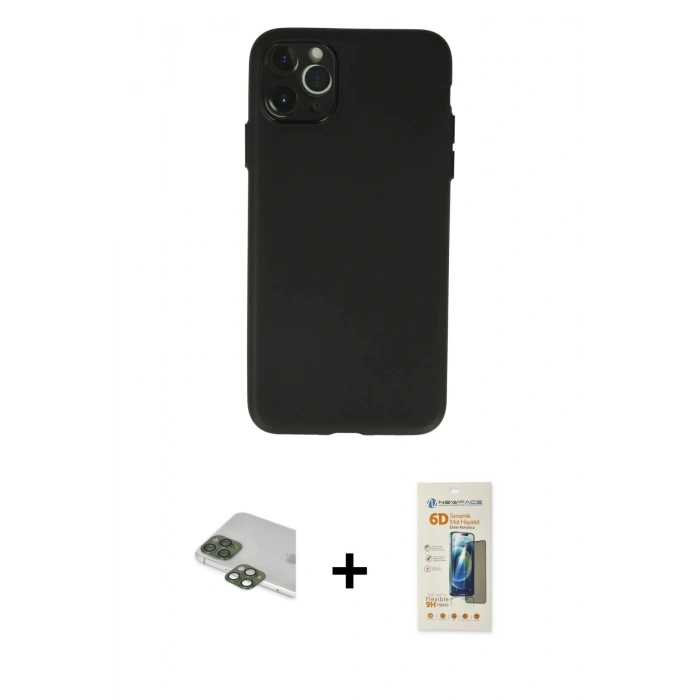 MARSİLYAN™- iPhone 11 Pro Max Kılıf Atlas Minimal Prime - Siyah 6D Mat Seramik Hayalet Nano Ekran Koruyucu + Pers Alüminyum Kamera Lens - YL