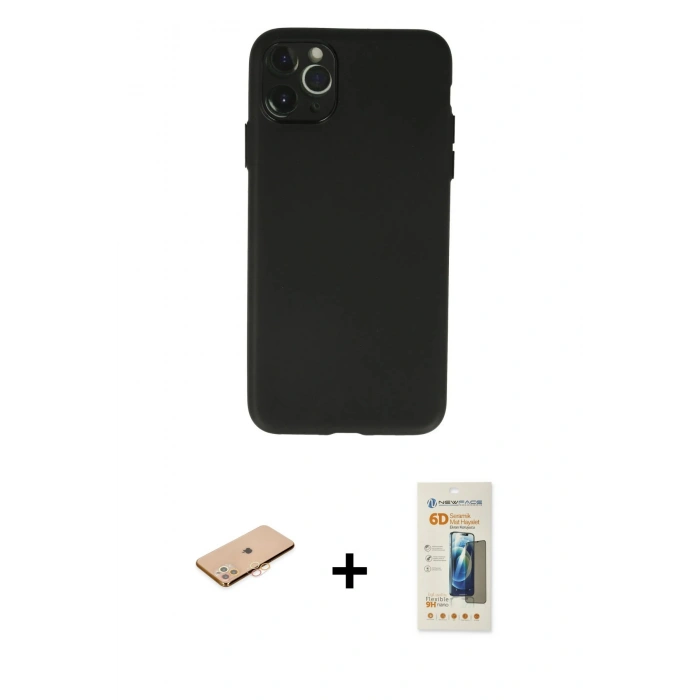 MARSİLYAN™- iPhone 11 Pro Max Kılıf Atlas Minimal Prime - Siyah 6D Mat Seramik Hayalet Nano Ekran Koruyucu + Renkli Kamera Lens Koruma Cam - TU