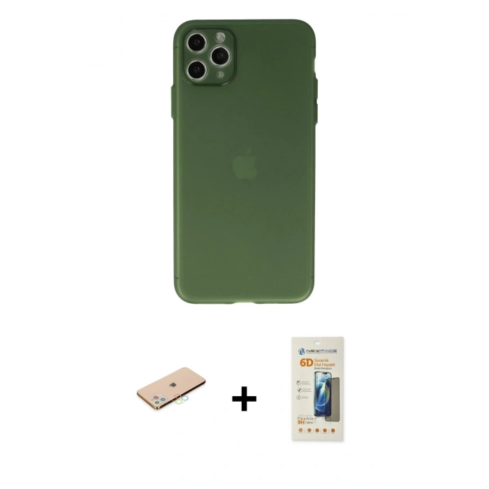 MARSİLYAN™- iPhone 11 Pro Max Kılıf Atlas Minimal Prime - Siyah 6D Mat Seramik Hayalet Nano Ekran Koruyucu + Renkli Kamera Lens Koruma Cam - MI