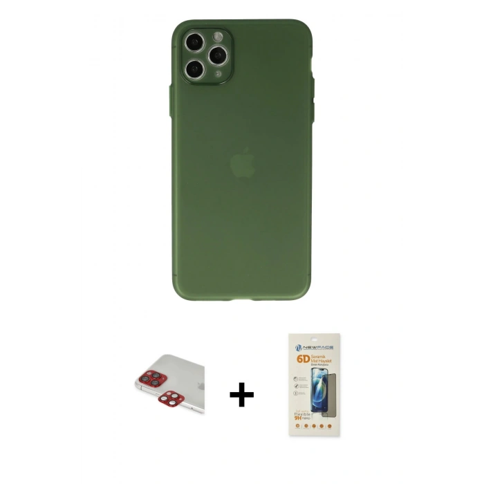 MARSİLYAN™- iPhone 11 Pro Max Kılıf Atlas Minimal Prime - Siyah 6D Mat Seramik Hayalet Nano Ekran Koruyucu + Pers Alüminyum Kamera Lens - KI