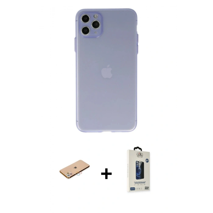 MARSİLYAN™- iPhone 11 Pro Max Kılıf Atlas Minimal Prime - Siyah Bilvis Hayalet Cam Ekran Koruyucu + Renkli Kamera Lens Koruma Cam - PE