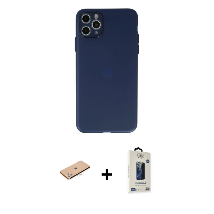 MARSİLYAN™- iPhone 11 Pro Max Kılıf Atlas Minimal Prime - Siyah Bilvis Hayalet Cam Ekran Koruyucu + Renkli Kamera Lens Koruma Cam - PE