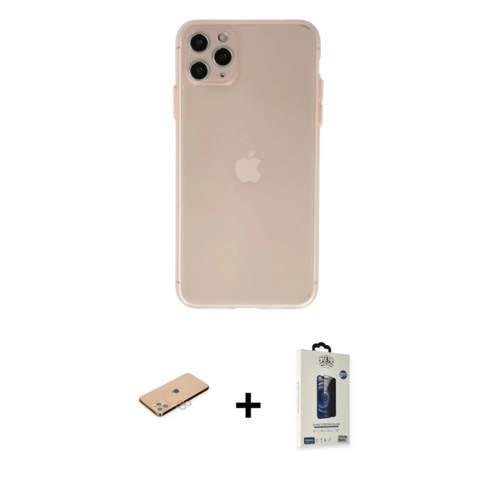 MARSİLYAN™- iPhone 11 Pro Max Kılıf Atlas Minimal Prime - Siyah Bilvis Hayalet Cam Ekran Koruyucu + Renkli Kamera Lens Koruma Cam - PE