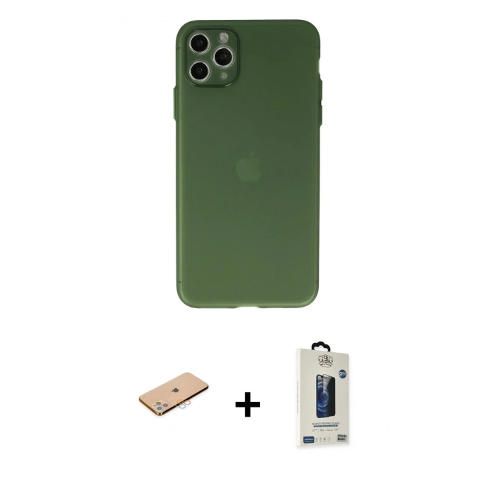 MARSİLYAN™- iPhone 11 Pro Max Kılıf Atlas Minimal Prime - Siyah Bilvis Hayalet Cam Ekran Koruyucu + Renkli Kamera Lens Koruma Cam - PE