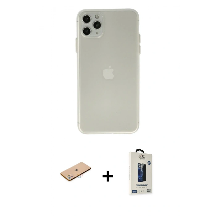 MARSİLYAN™- iPhone 11 Pro Max Kılıf Atlas Minimal Prime - Siyah Bilvis Hayalet Cam Ekran Koruyucu + Renkli Kamera Lens Koruma Cam - PE