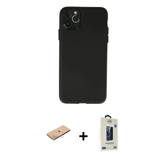 MARSİLYAN™- iPhone 11 Pro Max Kılıf Atlas Minimal Prime - Siyah Bilvis Hayalet Cam Ekran Koruyucu + Renkli Kamera Lens Koruma Cam - PE