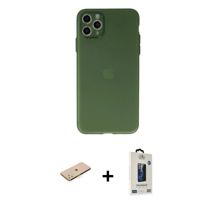 MARSİLYAN™- iPhone 11 Pro Max Kılıf Atlas Minimal Prime - Siyah Bilvis Hayalet Cam Ekran Koruyucu + Renkli Kamera Lens Koruma Cam - SI